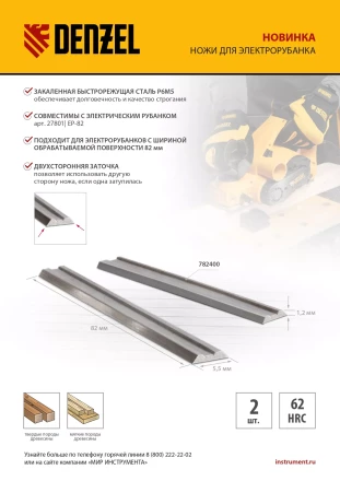 Ножи для эл. рубанка Denzel 782400, Р6М5, 82мм, 2шт купить в Екатеринбурге