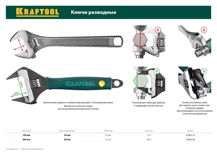 Ключ разводной SlimWide-S, 150 / 34 мм, KRAFTOOL 27263-15 купить в Екатеринбурге