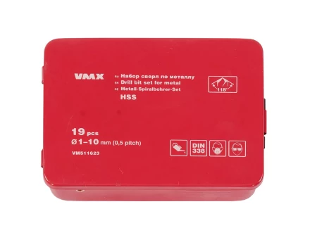 Набор сверл для металла HSS Ф1-10 мм шаг 0,5 мм 19 штук металлический футляр VMX 511623 купить в Екатеринбурге