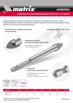 Сверло по керамической плитке и стеклу, 10 мм, шестигранный хвостовик Matrix 72838 купить в Екатеринбурге