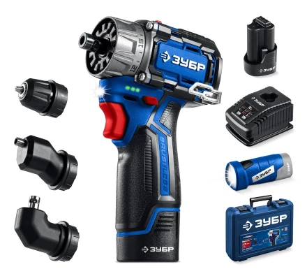 ЗУБР КОМБИ #4, набор: модульная дрель-шуруповерт + LED фонарь, BRUSHLESS, 12 В, 45 Н·м, 2 АКБ тип Т7 (2 А·ч), кейс, Профессионал (DB-125-22F) купить в Екатеринбурге