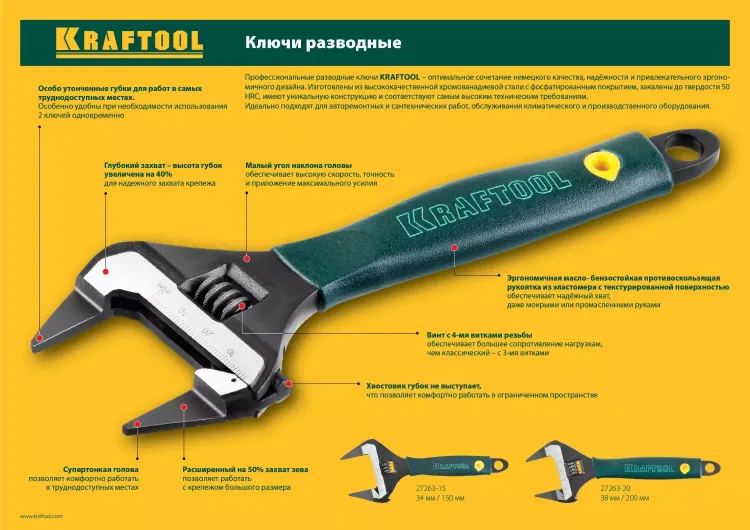 Ключ разводной SlimWide-S, 200 / 38 мм, KRAFTOOL 27263-20 купить в Екатеринбурге