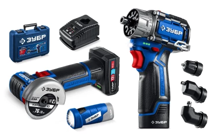 ЗУБР КОМБИ #5 набор: дрель-шуруповерт + мини УШМ + LED фонарь, BRUSHLESS, 12 В, 45 Н·м, 2 АКБ тип Т7 (4 и 2 А·ч), кейс, Профессионал (DB-125-42ABF) купить в Екатеринбурге