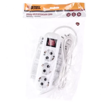 Удлинитель бытовой с заземлением и выключателем 2 м 3 розетки 10 A серия УХз10 Denzel 95970 купить в Екатеринбурге