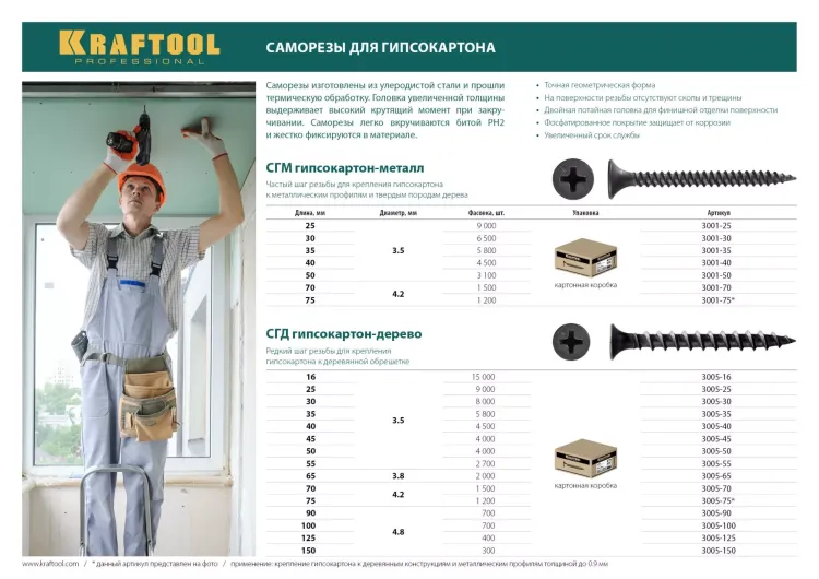 Саморезы СГМ гипсокартон-металл, 30 х 3.5 мм, 6 500 шт, фосфатированные, KRAFTOOL 3001-30 купить в Екатеринбурге