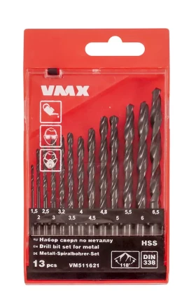 Набор сверл для металла HSS Ф1,5-6,5 мм 13 штук пластиковый футляр VMX 511621 купить в Екатеринбурге