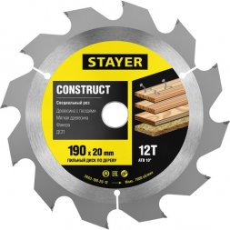 Пильный диск &quot;Construct line&quot; для древесины с гвоздями, 190x20, 12Т, STAYER 3683-190-20-12