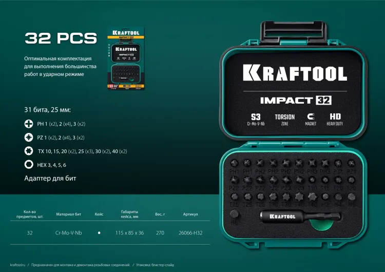 Набор ударных торсионных бит KRAFTOOL Impact, Cr-Mo-V-Nb сталь 26066-H32 купить в Екатеринбурге