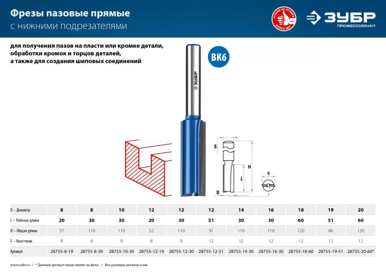 ЗУБР 12 x 30 мм, хвостовик 8 мм, фреза пазовая прямая с нижними подрезателями, Профессионал (28755-12-30) купить в Екатеринбурге