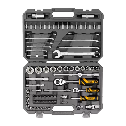 Набор инструментов Denzel, 1/2&quot;, 1/4&quot;, CrV, S2, пластиковый кейс, 82 предмета 15809 купить в Екатеринбурге