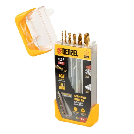 Набор сверл по металлу, 2-3-4-5-6-8 мм, HSS-Tin, Golden Tip, 6 шт Denzel 72300 купить в Екатеринбурге