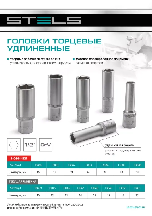 Головка торцевая удлиненная, 24 мм, шестигранная, CrV, под квадрат 1/2 Stels 13883 купить в Екатеринбурге