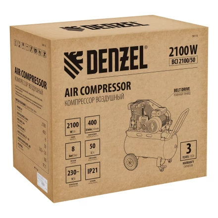 Компрессор воздушный рем. привод Denzel BCI 2100/50, 2,1 кВт, 50 литров, 400 л/мин купить в Екатеринбурге