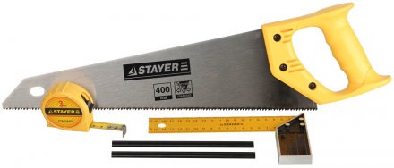 Набор STAYER &quot;STANDARD&quot; для столярных работ: ножовка по дереву 400 мм, угольник 200 мм, рулетка 3 м, 2 карандаша, 5 пред 15084-H5 купить в Екатеринбурге