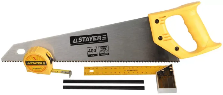 Набор STAYER "STANDARD" для столярных работ: ножовка по дереву 400 мм, угольник 200 мм, рулетка 3 м, 2 карандаша, 5 пред 15084-H5 купить в Екатеринбурге