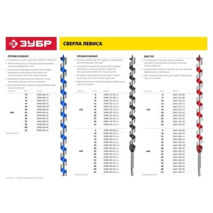 ЗУБР &quot;МАСТЕР&quot;. Сверло по дереву, спираль Левиса, HEX хвостовик, 6х235мм 2947-235-06 купить в Екатеринбурге