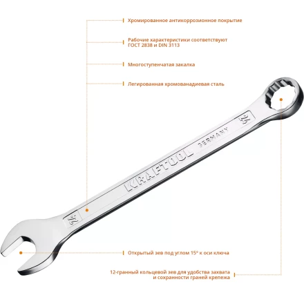 Ключи комбинированные KRAFTOOL, Cr-V, DIN 3113 27079-24 купить в Екатеринбурге