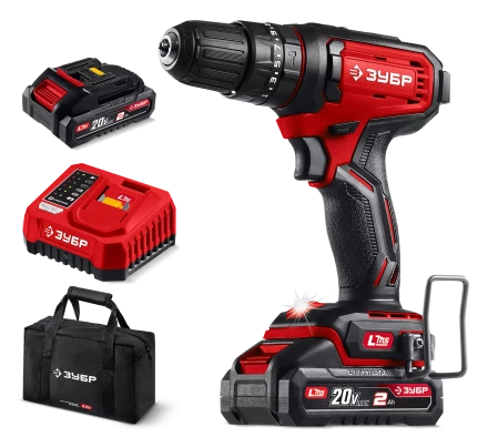 ЗУБР 20 В, 40 Нм, 2 АКБ LMS (2 Ач), ударная дрель-шуруповерт, сумка (ДШУ-40-22) купить в Екатеринбурге