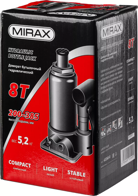 Домкрат гидравлический бутылочный, 8т, 200-385 мм, MIRAX 43260-8 43260-8 купить в Екатеринбурге