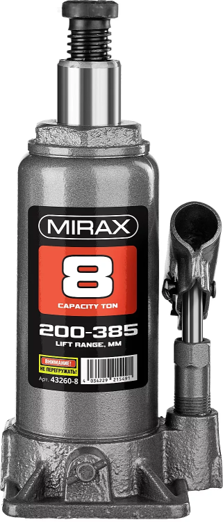 Домкрат гидравлический бутылочный, 8т, 200-385 мм, MIRAX 43260-8 43260-8 купить в Екатеринбурге