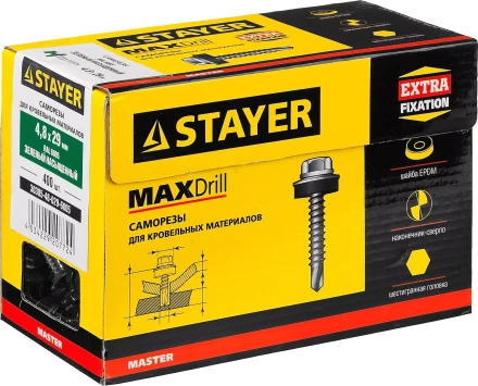 Саморезы СКД кровельные, RAL 6005 зеленый насыщенный, 29 x 4.8 мм, 400 шт, для деревянной обрешетки, STAYER 30305-48-029-6005 купить в Екатеринбурге