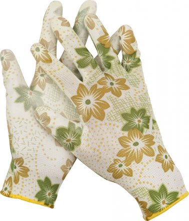 Перчатки GRINDA садовые, прозрачное PU покрытие, 13 класс вязки, бело-зеленые, размер M 11293-M купить в Екатеринбурге