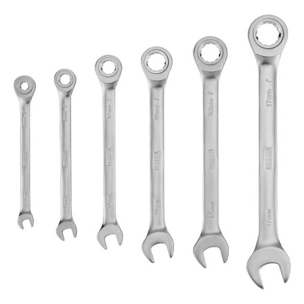 Набор ключей комбинированных трещоточных 6-17 мм, 6 шт., CrV, матовый хром// Denzel 14720 купить в Екатеринбурге