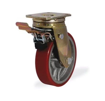 Колесо большегрузное поворотное KAMA 250 мм чугунное/полиуретан с тормозом 1026482 купить в Екатеринбурге