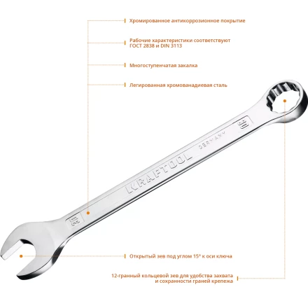 Ключ комбинированный KRAFTOOL, Cr-V, DIN 3113 27079-30 купить в Екатеринбурге