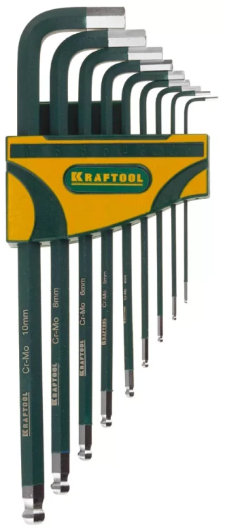 Набор ключей имбусовых KRAFTOOL "INDUSTRIE" длинные,шарик,Cr-Mo сталь(S2),хром покрыт с противоск напыл,HEX1,5-10мм,9шт 27445-H9 купить в Екатеринбурге