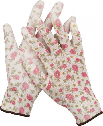 Перчатки GRINDA садовые, прозрачное PU покрытие, 13 класс вязки, бело-розовые, размер L 11291-L купить в Екатеринбурге