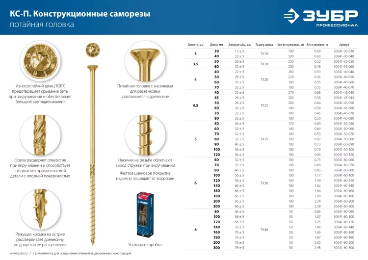 ЗУБР КС-П, 70 х 4.5 мм, TX25, потайная головка, желтый цинк, 100 шт, конструкционный саморез, Профессионал (30041-45-070) купить в Екатеринбурге