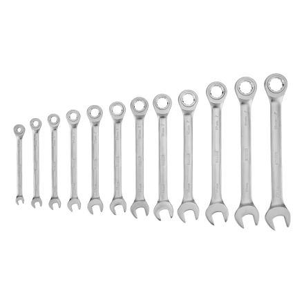 Набор ключей комбинированных трещоточных 6-19 мм, 12 шт., CrV, матовый хром// Denzel 14722 купить в Екатеринбурге