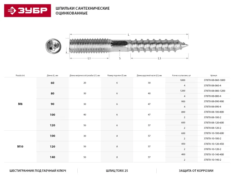 ЗУБР "МАСТЕР". Шпилька сантехническая, шестигранник, Torx 25, оцинкованная, М8x100мм, 800шт 37870-08-100-800 купить в Екатеринбурге