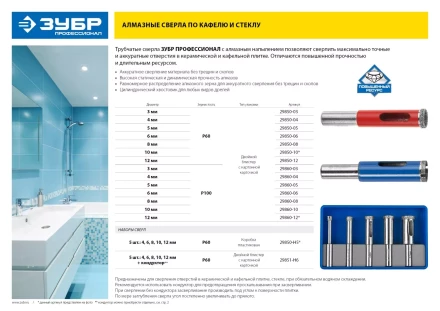 Сверло ЗУБР алмазное трубчатое по стеклу, зерно 100, 6мм 29860-06 купить в Екатеринбурге