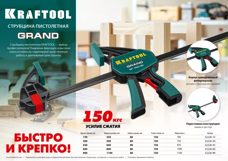 Струбцина KRAFTOOL GRAND пистолетная 32226-90 купить в Екатеринбурге