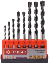 Набор сверл по бетону усиленные ЗУБР 3 шт d 6-8-10 мм трехгранный хвостовик  Профессионал 2916-H3