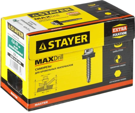 Саморезы СКД кровельные, RAL 6005 зеленый насыщенный, 51 х 4.8 мм, 250 шт, для деревянной обрешетки, STAYER 30305-48-051-6005 купить в Екатеринбурге