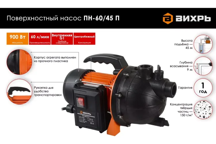 Поверхностный насос Вихрь ПН-60/45 П 68/4/12 купить в Екатеринбурге