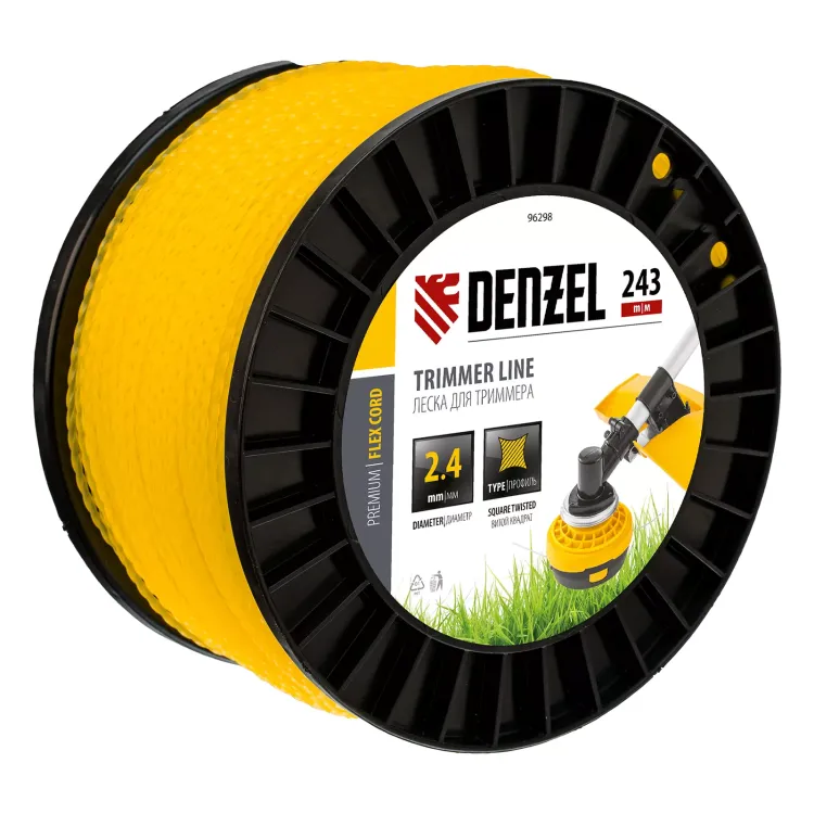Леска для триммера витой квадрат, 2,4мм х 243м, на DIN катушке FLEX CORD// Denzel 96298 купить в Екатеринбурге