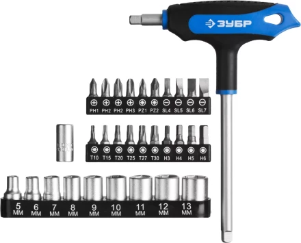 Набор ЗУБР &quot;ЭКСПЕРТ&quot;: Отвертки, битодержатель с Т-образной двухкомпонентной рукояткой, Cr-V, 31 предмет 25236-H30_z01 купить в Екатеринбурге