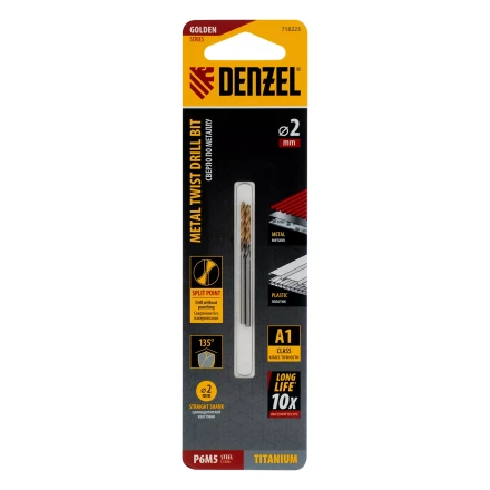 Сверло спиральное по металлу Denzel 2 x 49 мм, Р6М5, Golden Tip , 2шт., 718223 купить в Екатеринбурге