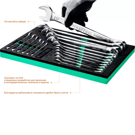 Наборы ключей комбинированных KRAFTOOL, Cr-V, DIN 3110, в EVA-ложементе 27079-H18E купить в Екатеринбурге