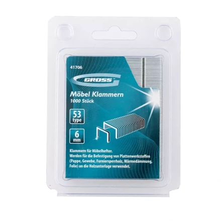 Скобы 6 мм для мебельного степлера усиленные тип 53 1000 шт GROSS 41706 купить в Екатеринбурге