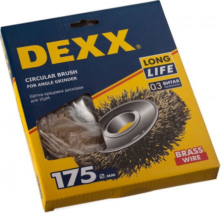 DEXX. Щетка дисковая для УШМ, витая стальная латунированная проволока 0,3мм, 175ммх22мм 35101-175 купить в Екатеринбурге