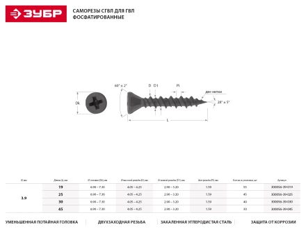 Саморезы ЗУБР &quot;МАСТЕР&quot; фосфатированные, для гипсоволоконных листов, двухзаходная резьба, 3.9x25мм, 45шт 300056-39-025 купить в Екатеринбурге
