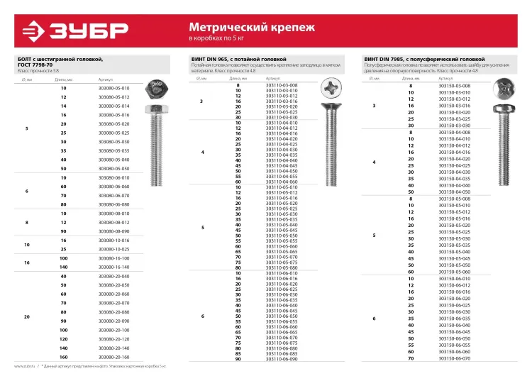 Болт ЗУБР "МАСТЕР" с шестигранной головкой, ГОСТ 7798-70, класс прочности 5.8, оцинкованный, M12x80мм, 5кг 303080-12-080 купить в Екатеринбурге