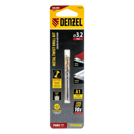 Сверло спиральное по металлу 3,2 x 65 мм, Р6М5, Golden Tip , 2шт. Denzel 718226 купить в Екатеринбурге