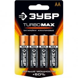Батарейка ЗУБР &quot;TURBO MAX&quot; щелочная (алкалиновая), тип AA, 1,5В, 4шт на карточке 59206-4C