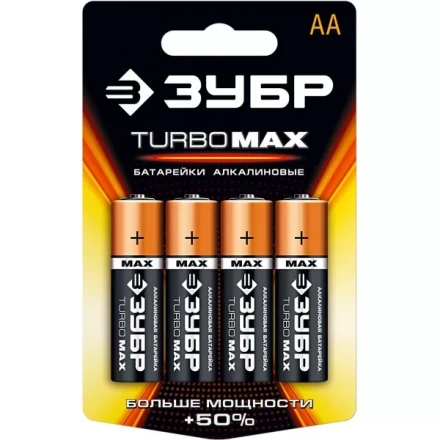 Батарейка ЗУБР &quot;TURBO MAX&quot; щелочная (алкалиновая), тип AA, 1,5В, 4шт на карточке 59206-4C купить в Екатеринбурге